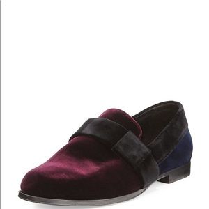 JIMMY CHOO John Dark Ruby And Dark Ocean Velvet Mix Slippers Mens 45 11 $750